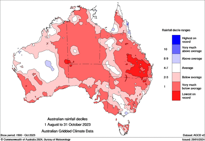 Map: Australia's mean rainfall August to October 2023.
